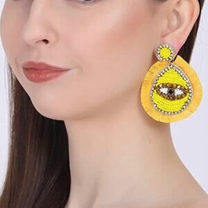 Silver Gold Stud yellow tassel drop evil eye earrings